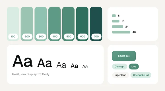 Design system met kleuren, typografie en knoppen